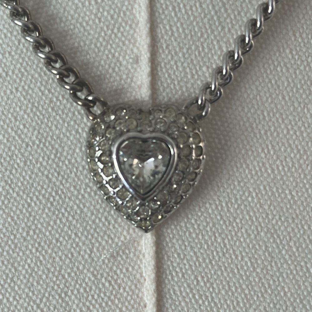 Trifari 17 inch Faux Silver & Crystal Heart Pendant Necklace